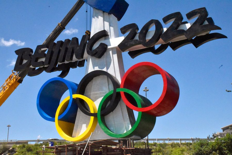 The Emblem of Beijing 2022 Olympic Winter Games is installed at Shijingshan district on August 1, 2021 in Beijing, China.