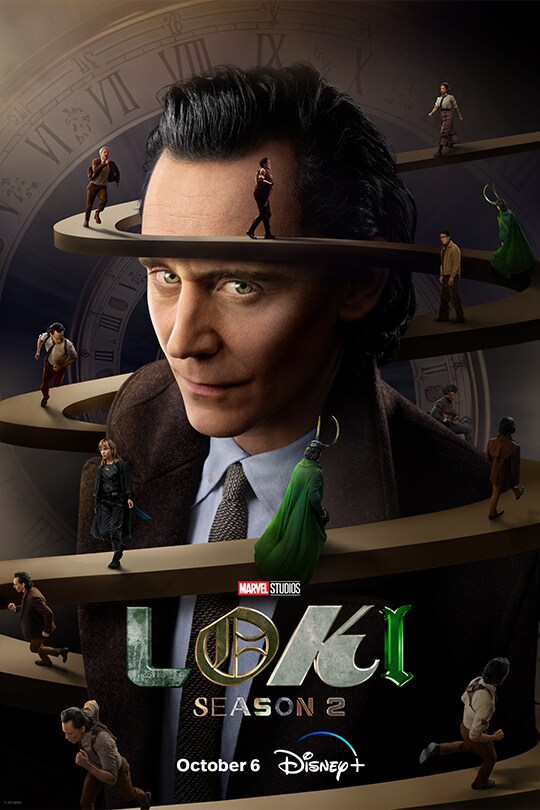 Poster for season 2 of Loki, picturing Loki and various versions of Loki running around him, releasing on October 6th, 2023.
