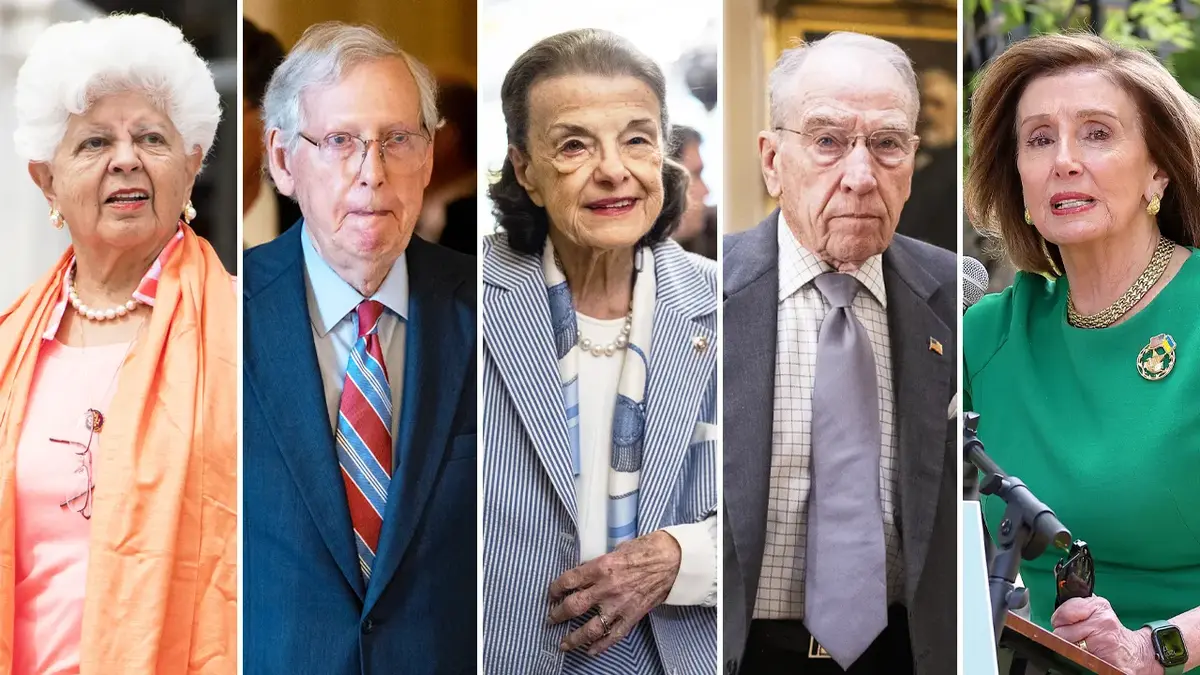These five politicians are over the age of 80. (From left to right) Representative Grace Napolitano (Californian Democrat) is 86 years old.  Senator Mitch McConnell (Kentucky Republican) is 81 years old. Senator Dianne Feinstein (Californian Democrat) was 90 years old and died in office. Senator Chuck Grassley (Iowa Republican) is 90 years old. Representative Nancy Pelosi (Californian Democrat) is 83 years old.