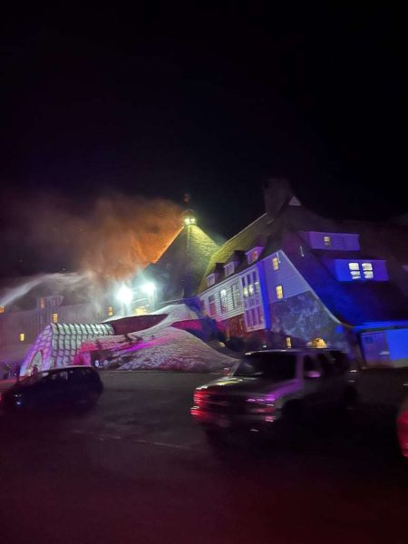 Crews trying to extinguish the fire at Timberline Lodge.