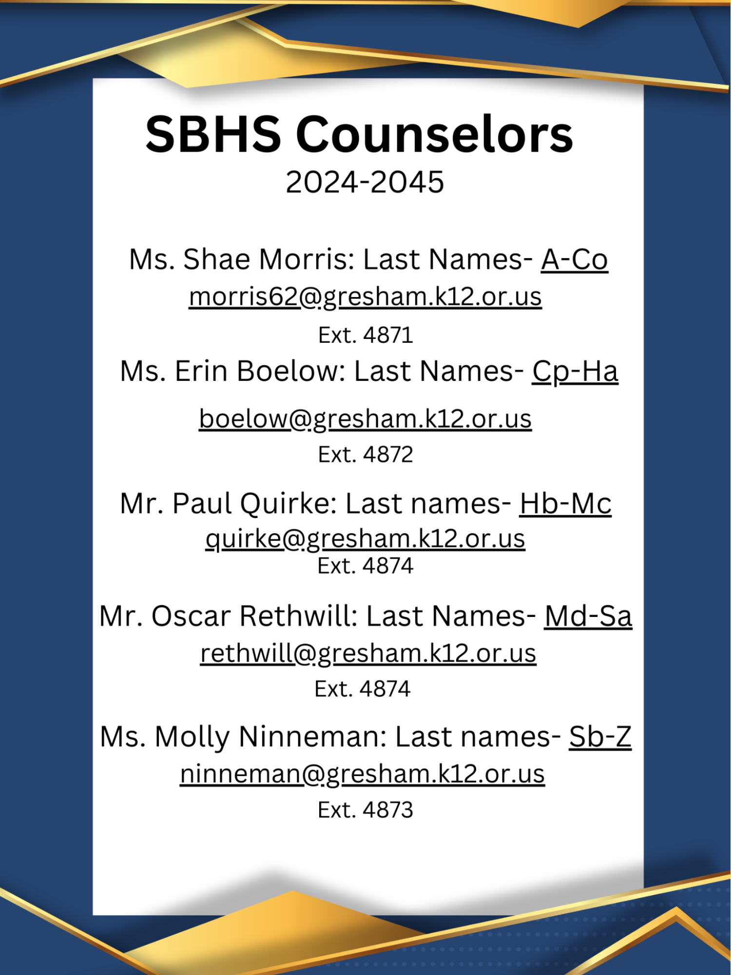 This year, counselor’s changed their assigned alpha names. You can find your counselor in their offices during the 2024-2025 year.