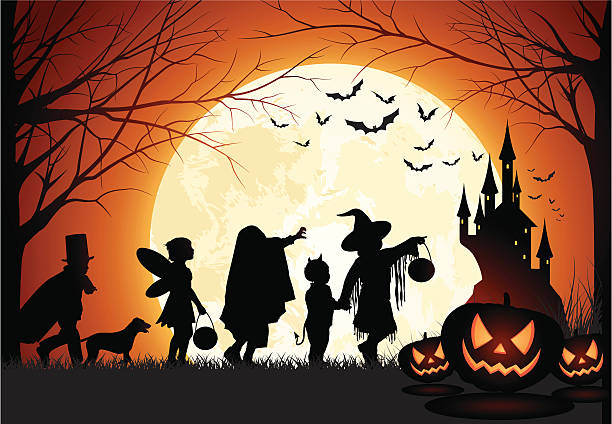 This picture was made on iStock. An illustration of children's silhouette trick or treating.