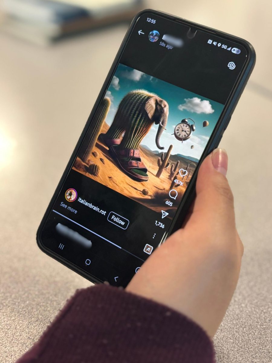 On May 13, 2025, a student scrolls past an AI-generated ‘Italian Brainrot’ video on Instagram.