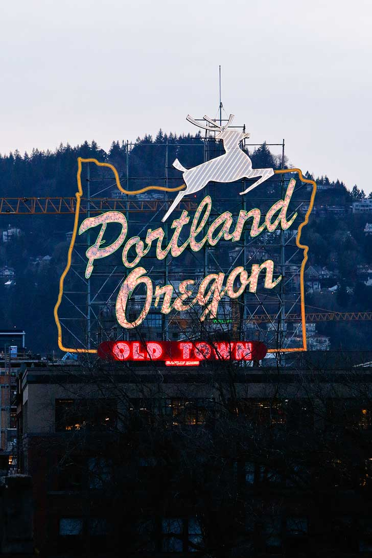 This is a photo of the Old Town White Stag Sign in Downtown Portland