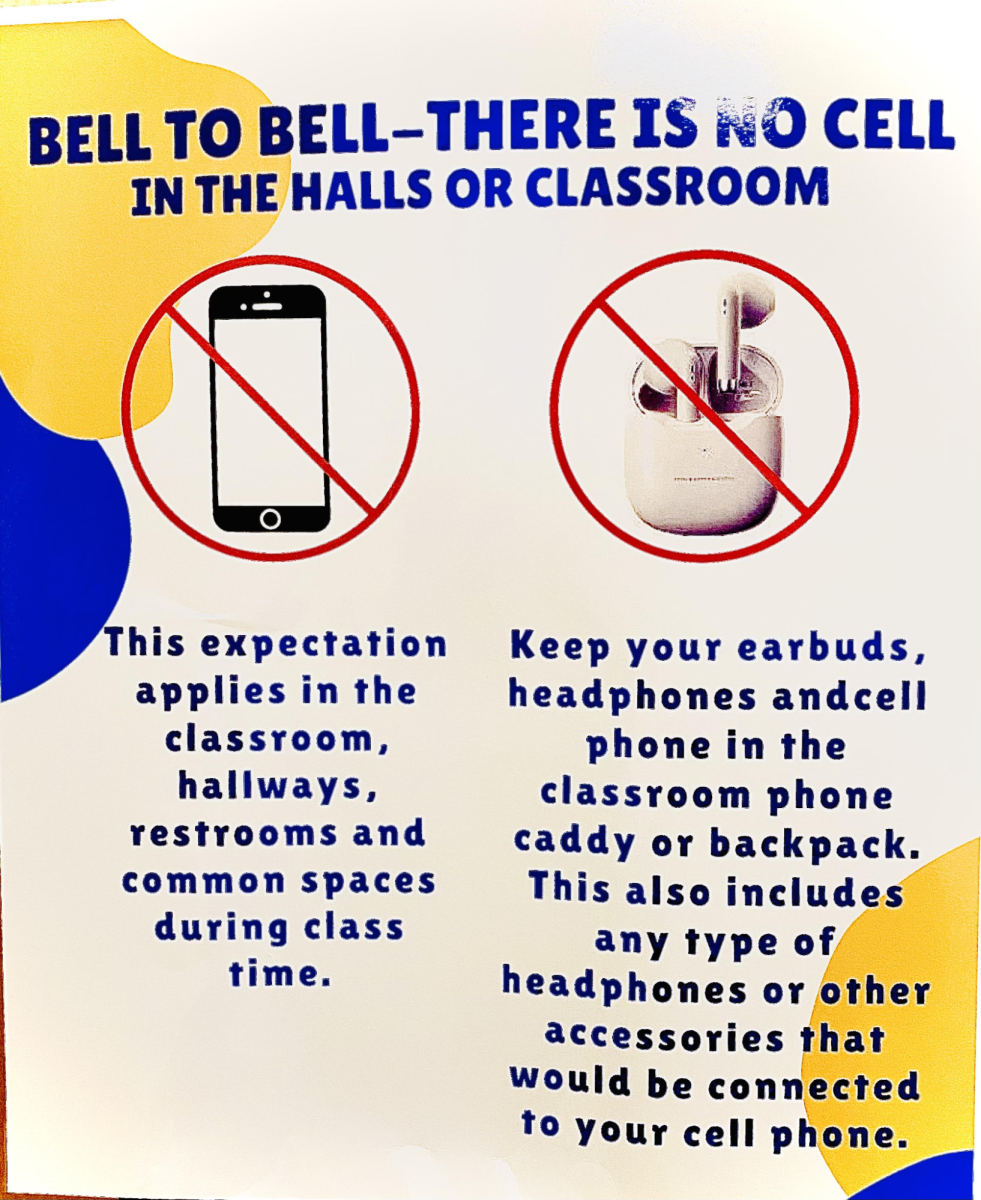 A friendly reminder posted in classrooms at Sam Barlow High School to remind students of the cell phone policy.