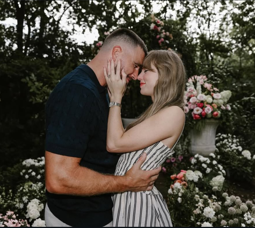 Taylor Swift and Travis Kelce pose for a picture just moments after getting engaged, on August 10, 2025.