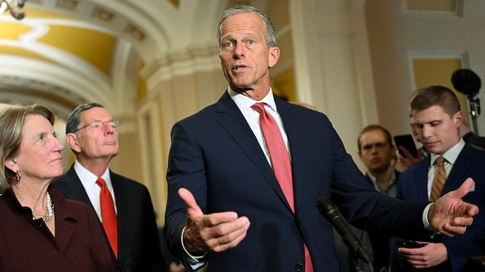 Senate Majority Leader John Thune speaks during a press conference hours before a partial government shutdown is set to take effect, on Capitol Hill in Washington, September 30, 2025.