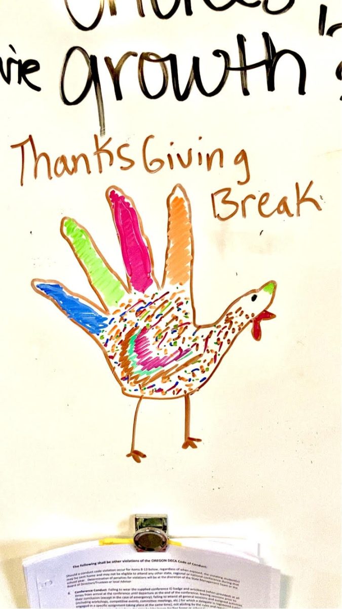 A hand-turkey displayed in Mrs. Adina's class, representing the start of fall break.