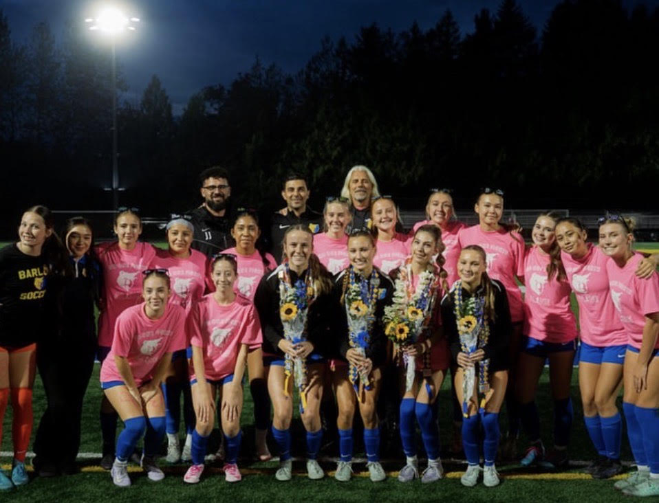 Barlow girls varsity soccer wearing pink shirts in honor of Breast Cancer Awareness on October 21 2025.