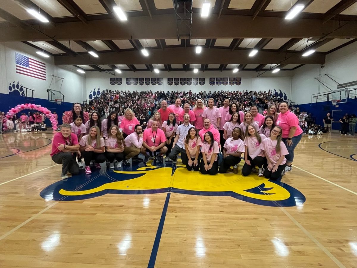 Dance Team and Staff after performing such an entertaining dance at the Pink Out assembly.