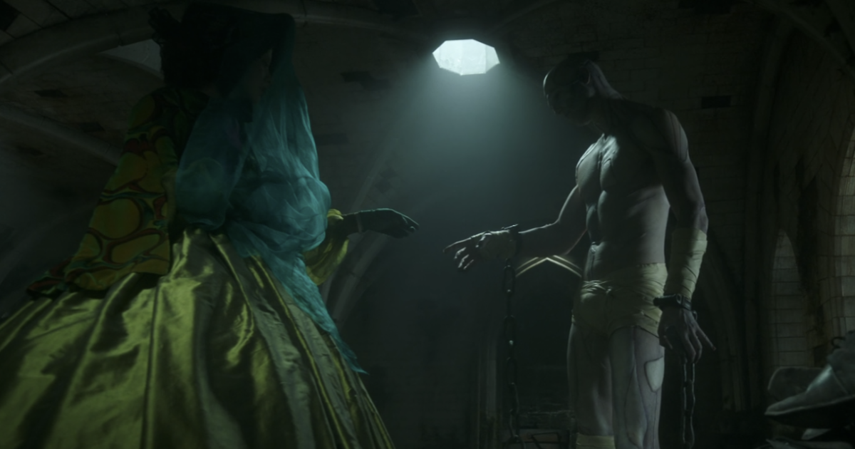 Mia Goth as Elizabeth, and Jacob Elordi as The Creature, in Guillermo del Toro's 2025 film, Frankenstein, recreating the iconic "The Creation of Adam" painting by Michelangelo.