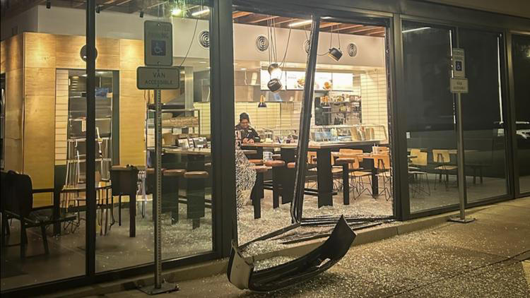 A 19-year-old man crashed his car into the Chipotle restaurant in Wood Village, leaving behind his front bumper and shattering multiple windows, forcing the Chipotle location to close.