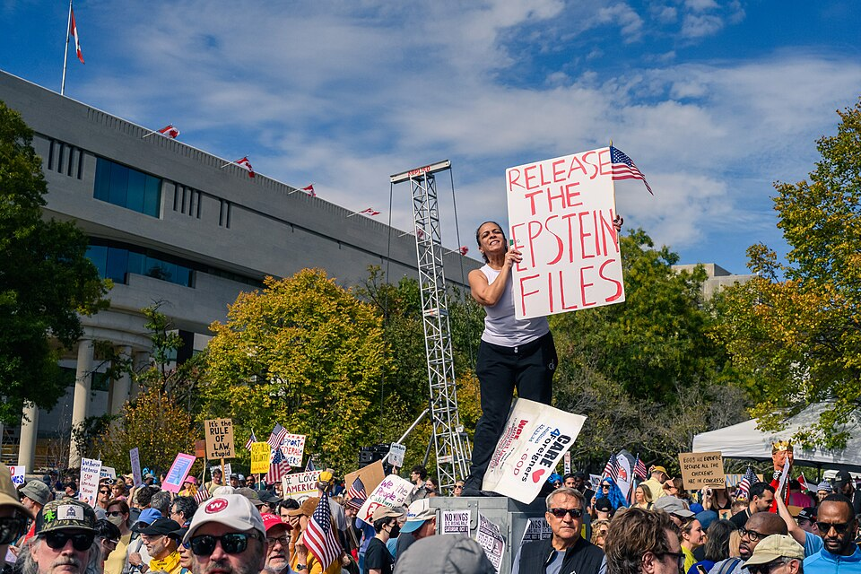 No Kings Protestor on Oct. 18 calling for the Epstein files release.
