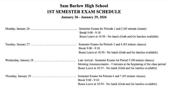 Sam Barlow High Schools semester 1 finals schedule for the 2025-2026 school year.

