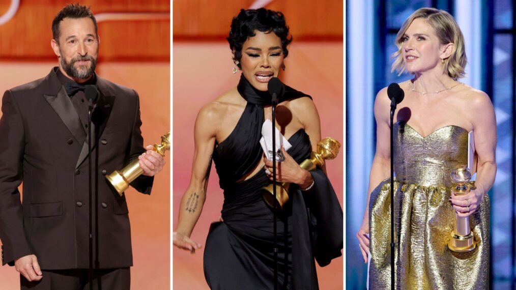 Golden Globe winners Noah Wyle, Teyana Taylor, and Rhea Seehorn accepting their awards at the Golden Globes ceremony on January 11, 2026.