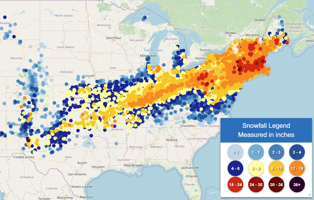 Map of snowfall on the East Coast January 24-25 2026.
	
