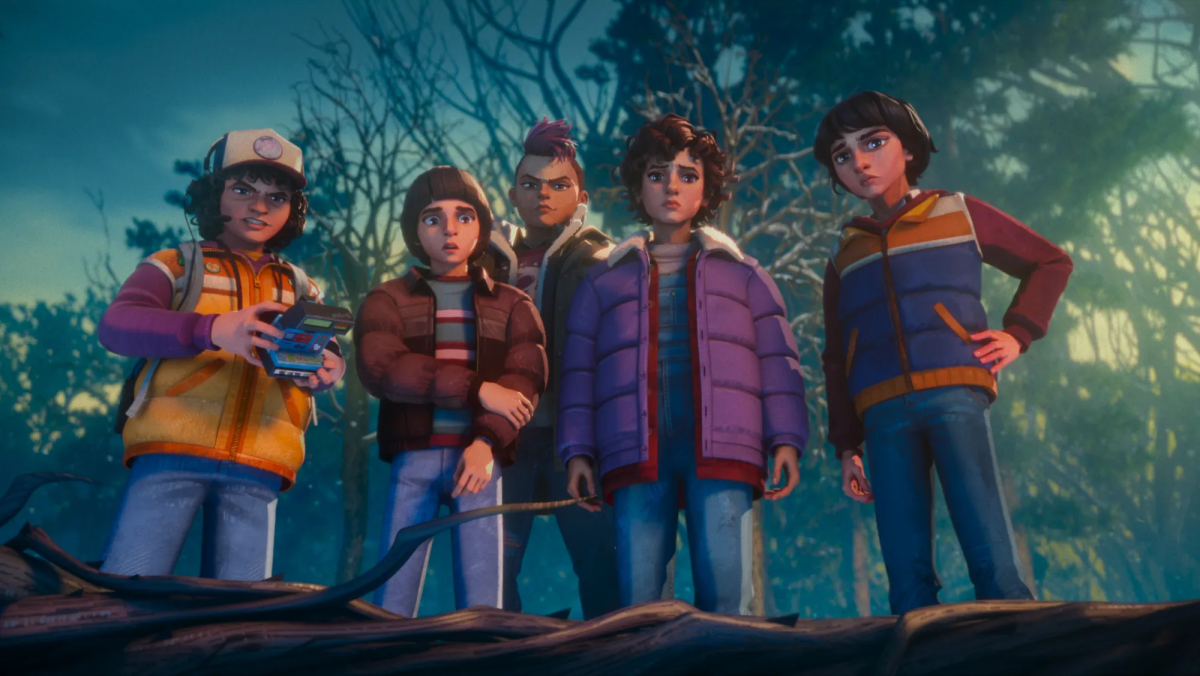 Frame from Stranger Things: Tales from '85 series trailer released on Feb 2, 2026, shows the characters Dustin, Will, Eight, Eleven, and Mike as they stare at an unknown monster from the Upside Down.