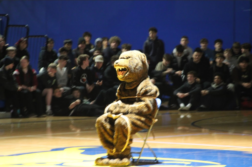 On Friday, February 6, a spotlight revealed Buster the Bruin, held hostage during the Beardown assembly.