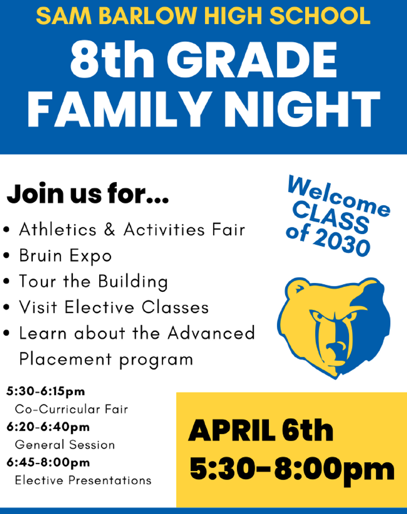 A flyer advertising 8th Grade Family Night at Sam Barlow High School