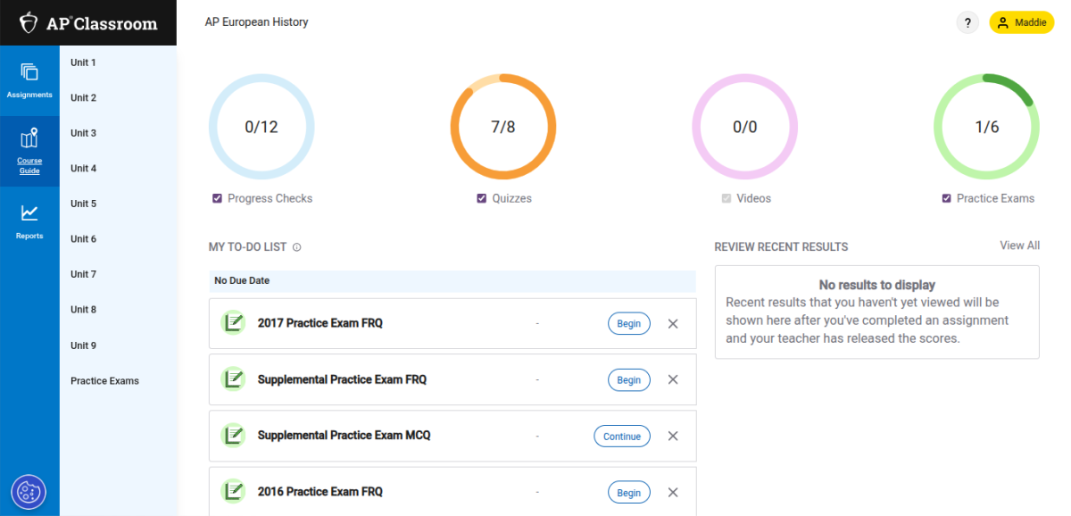 Screenshot of AP European History’s online classroom on http://collegeboard.org, where students can take practice tests to prepare for their exam, taken May 12, 2026.